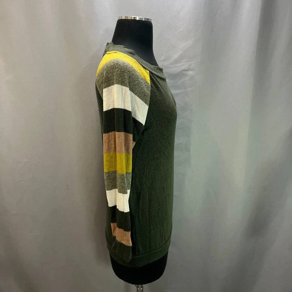 Market & Spruce Sweater Womens Small Olive Green Striped Raglan Sleeve Boat Neck